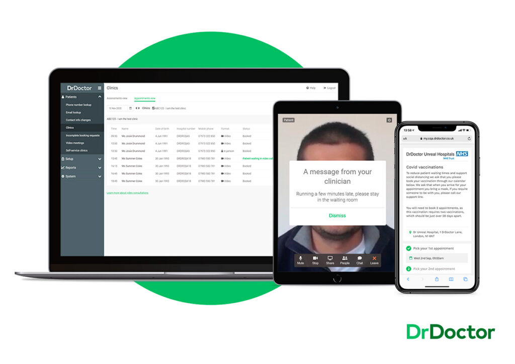 An image of the DrDoctor platform on a laptop, a tablet computer, and a mobile phone