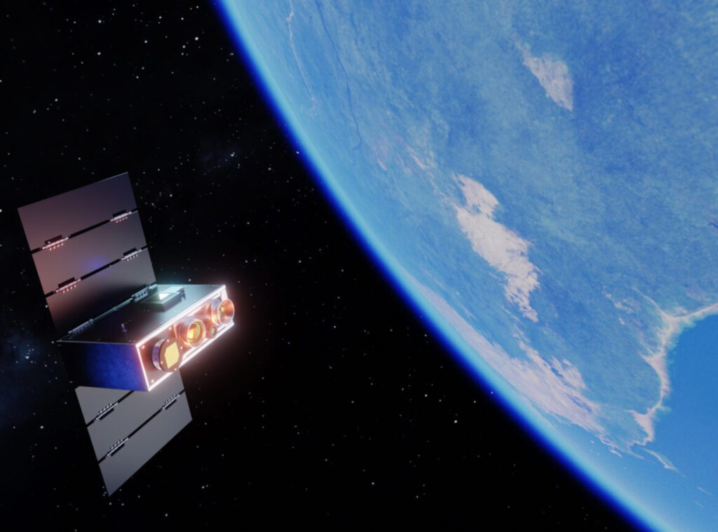 An image of an OroraTech satellite orbiting Earth