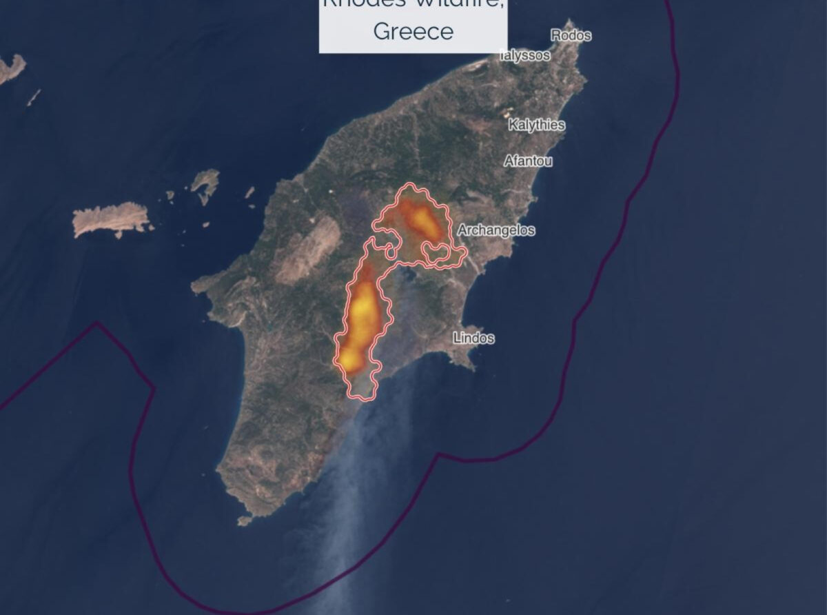 An infrared image of forest fires in Greece, delivered by satellite, displayed on the OroraTech platform